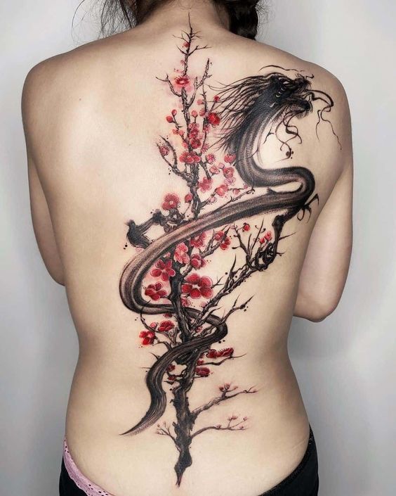 Tatuaggio Tattoo Drago con Fiori CIliegio