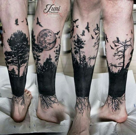 Tatuaggio Tatto Gamba Uomo Natura Alberi Luna