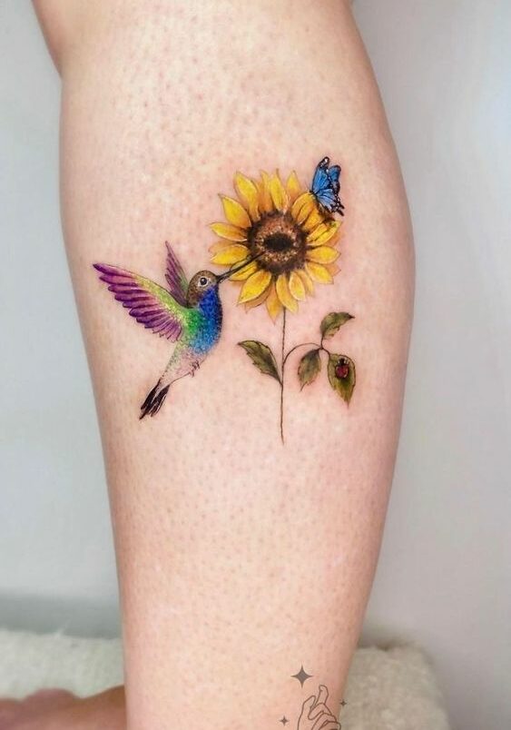 Tatuaggio Tattoo Girasole Uccelli e Farfalla