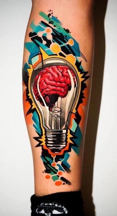 Tatuaggio Tattoo Gamba Uomo Colorato Lampadina Cervello