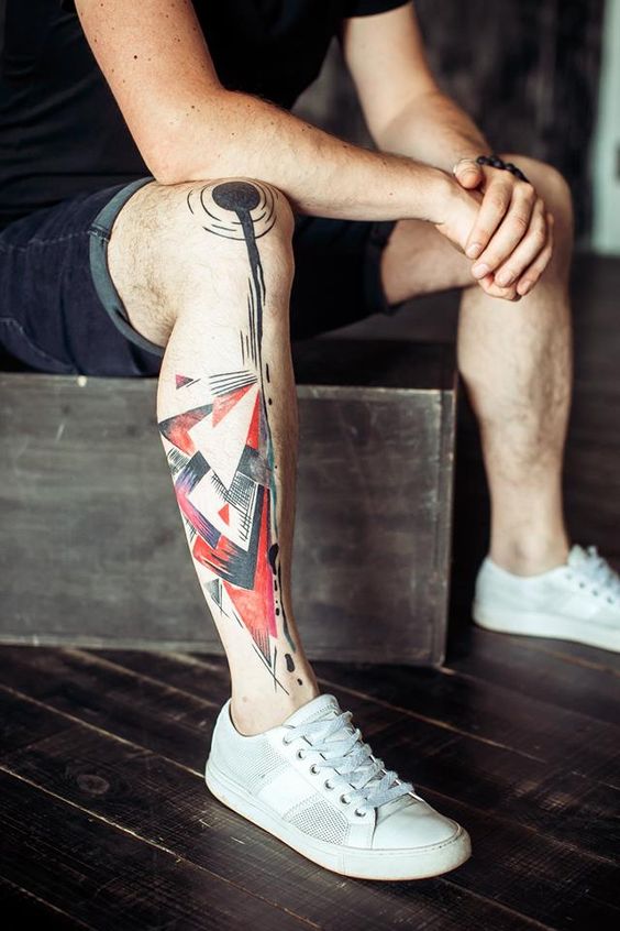 Tatuaggio Tattoo Gamba Uomo Geometrico Astratto Colorato