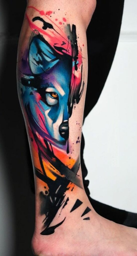 Tatuaggio Tattoo Gamba Uomo Lupo Watercolor Acquerello