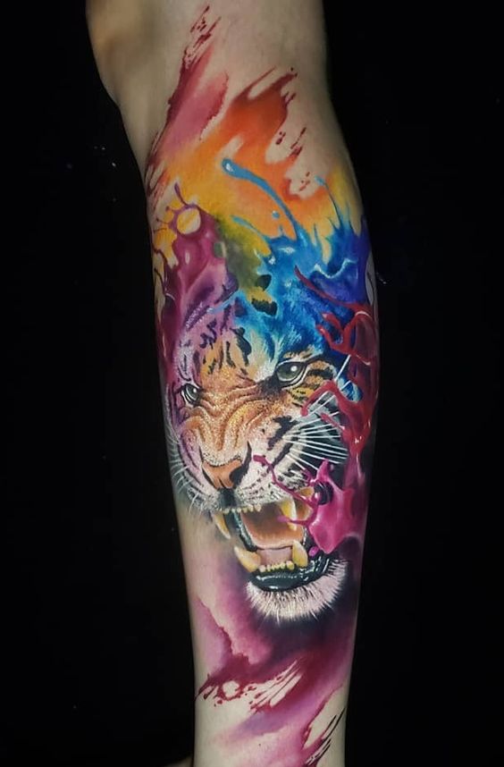 Tatuaggio Tattoo Gamba Uomo Tigre Acquerello Warercolor